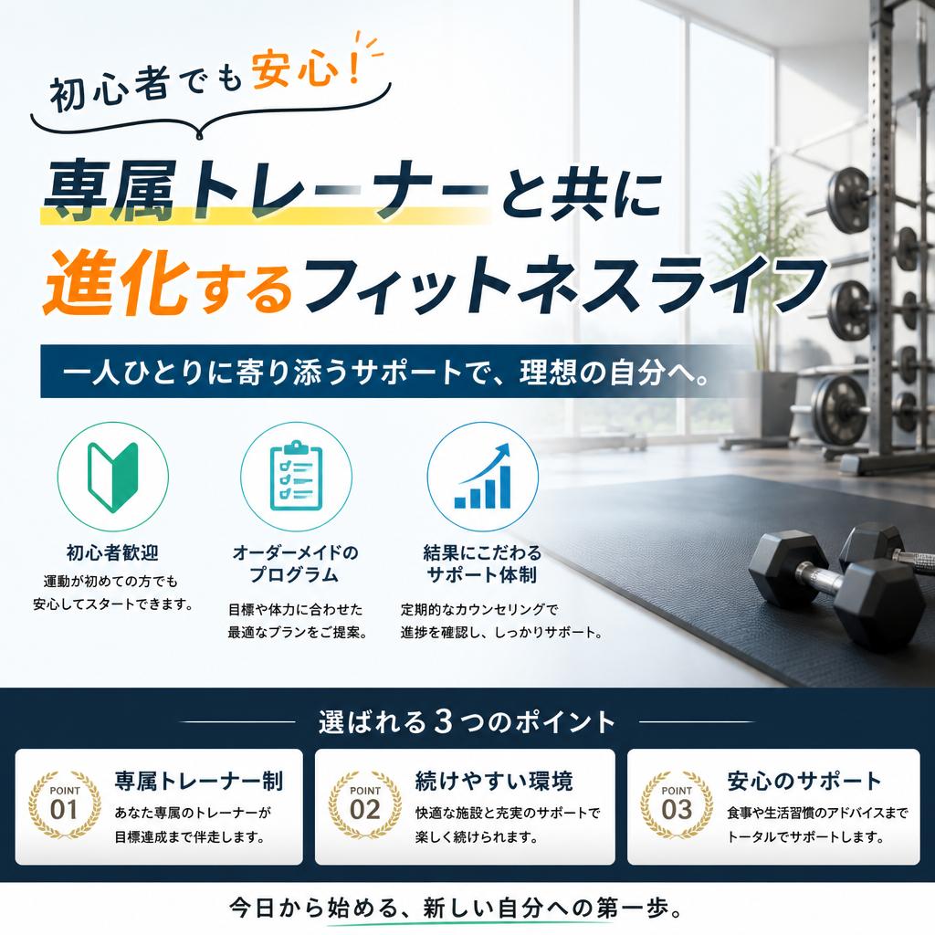 初心者でも安心！専属トレーナーと共に進化するフィットネスライフ